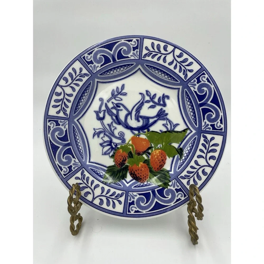 Blue Bird Ceramic Salad Plate Blue & White With Strawberries‎ 7 ¾
